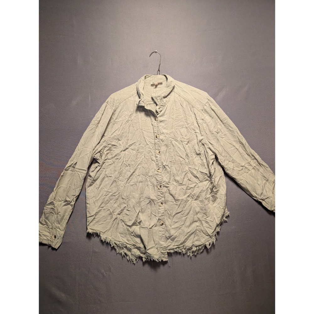 Hester & Orchard Shirt Womens XL Sage Green Button Up Frayed Hem Boho Chic Edgy